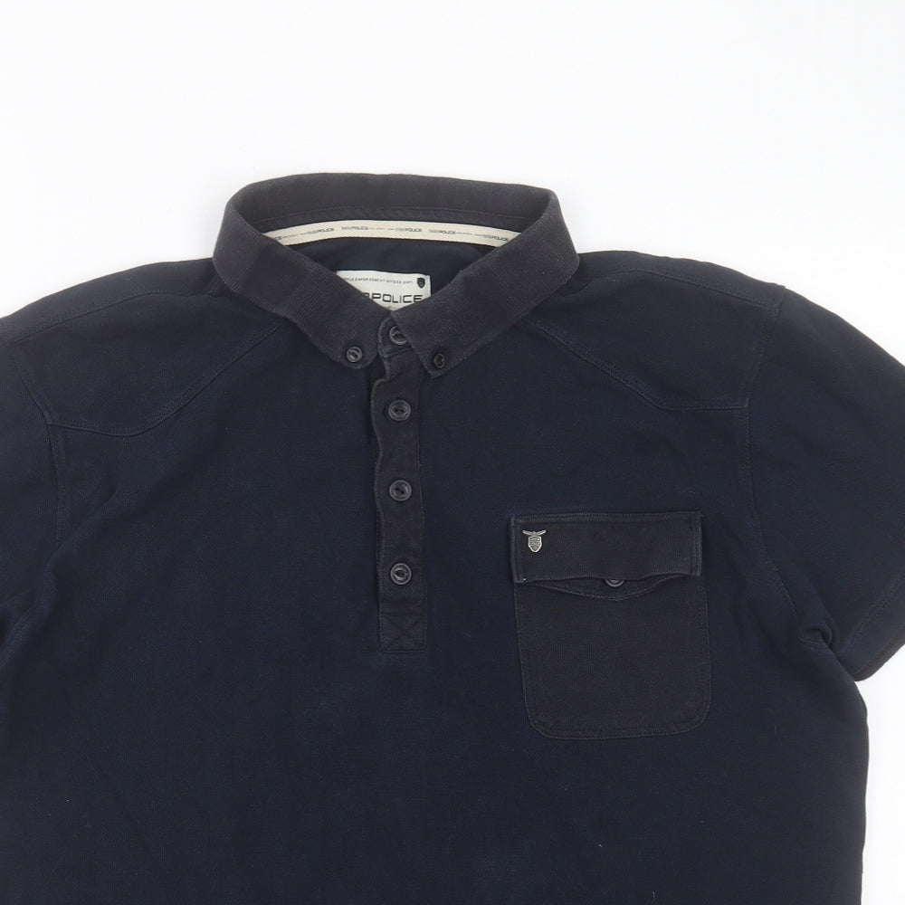 883 Police Mens Blue Cotton Polo Size S Collared Button