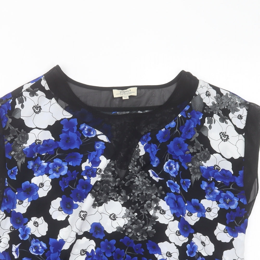 Papaya Womens Blue Floral Polyester Basic Tank Size 12 Crew Neck