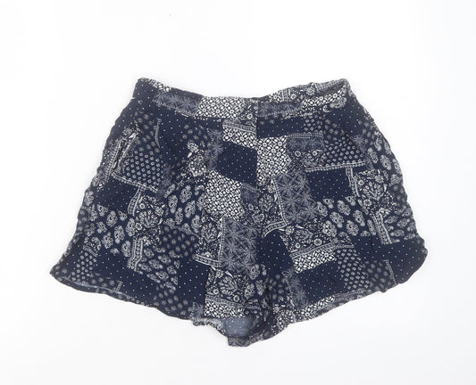 Topshop Womens Blue Geometric Viscose Boyfriend Shorts Size 10 L3 in Regular Hook & Eye