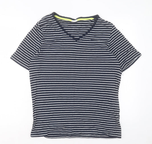 Avenue Womens Blue Striped Cotton Basic T-Shirt Size S V-Neck