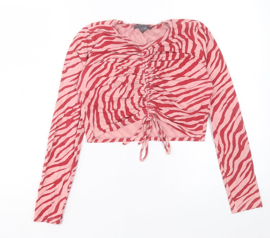 Primark Womens Pink Animal Print Cotton Cropped T-Shirt Size M Crew Neck - Ruched Detail. Size 12-14