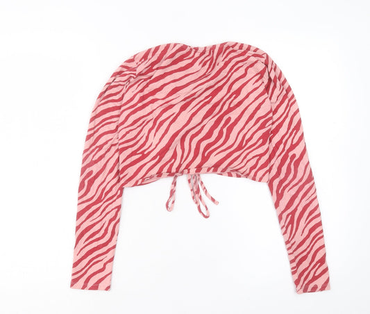 Primark Womens Pink Animal Print Cotton Cropped T-Shirt Size M Crew Neck - Ruched Detail. Size 12-14