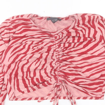 Primark Womens Pink Animal Print Cotton Cropped T-Shirt Size M Crew Neck - Ruched Detail. Size 12-14