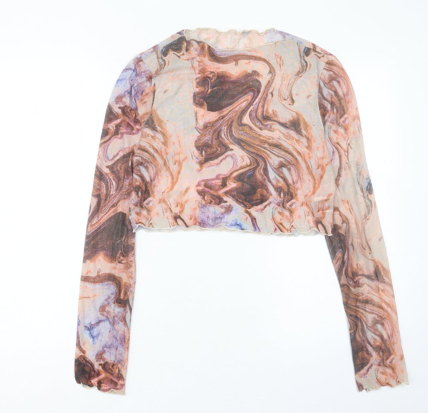 SheIn Womens Orange Geometric Polyester Cropped T-Shirt Size L Crew Neck