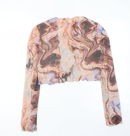 SheIn Womens Orange Geometric Polyester Cropped T-Shirt Size L Crew Neck