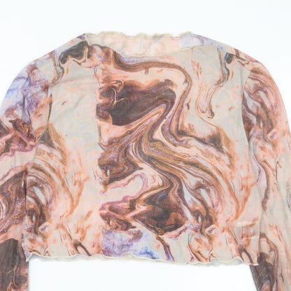 SheIn Womens Orange Geometric Polyester Cropped T-Shirt Size L Crew Neck