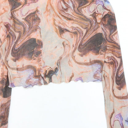 SheIn Womens Orange Geometric Polyester Cropped T-Shirt Size L Crew Neck