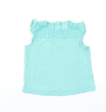 F&F Girls Blue Cotton Basic Tank Size 12-18 Months Round Neck Snap - Lace Detail