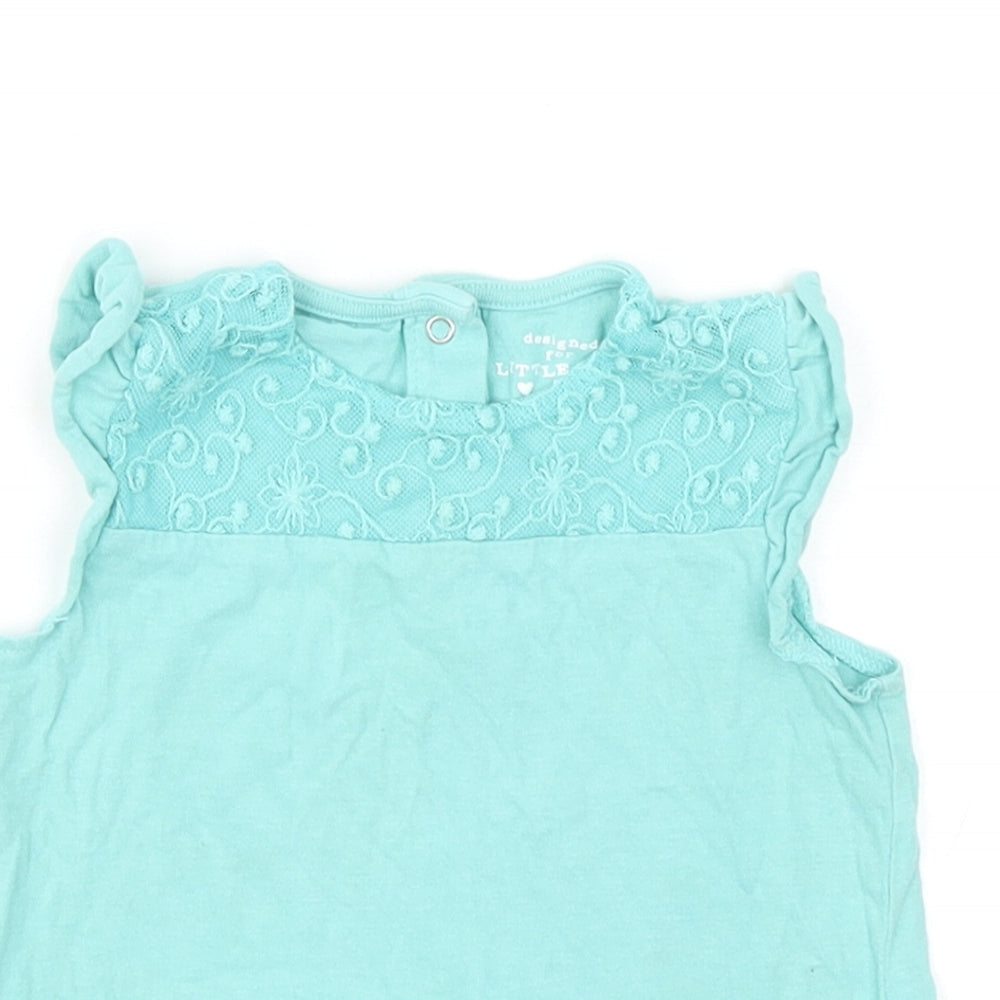 F&F Girls Blue Cotton Basic Tank Size 12-18 Months Round Neck Snap - Lace Detail
