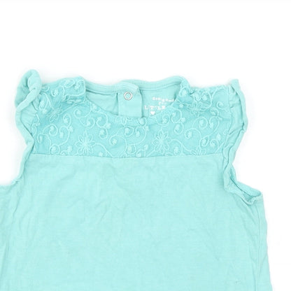 F&F Girls Blue Cotton Basic Tank Size 12-18 Months Round Neck Snap - Lace Detail