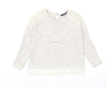 George Girls Beige Round Neck Cotton Pullover Jumper Size 5-6 Years Button - Lace Detail And Trim