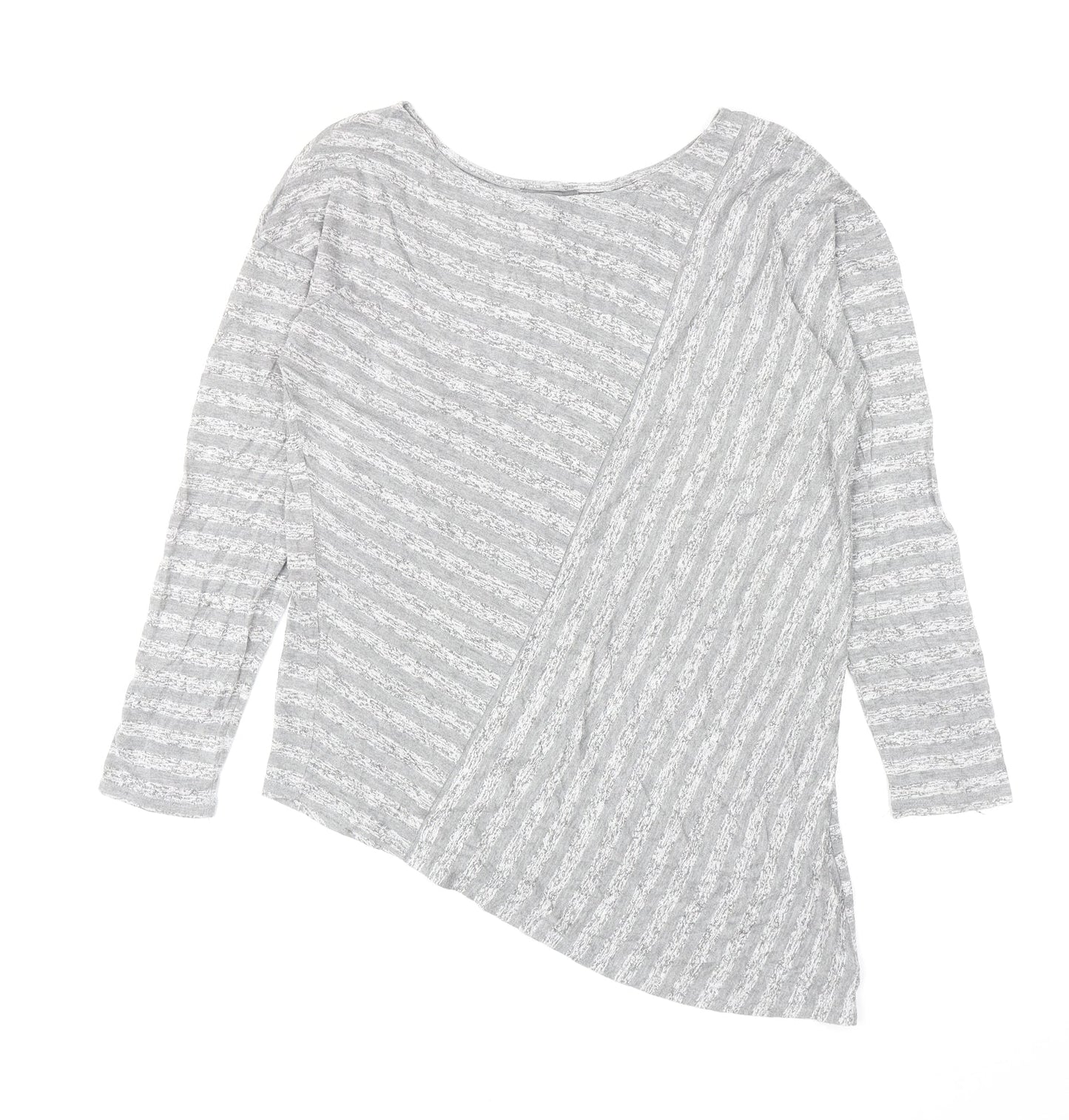 Retro-ology Womens Grey Striped Cotton Basic T-Shirt Size M Boat Neck - Asymmetric