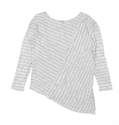 Retro-ology Womens Grey Striped Cotton Basic T-Shirt Size M Boat Neck - Asymmetric