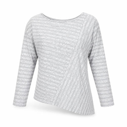 Retro-ology Womens Grey Striped Cotton Basic T-Shirt Size M Boat Neck - Asymmetric