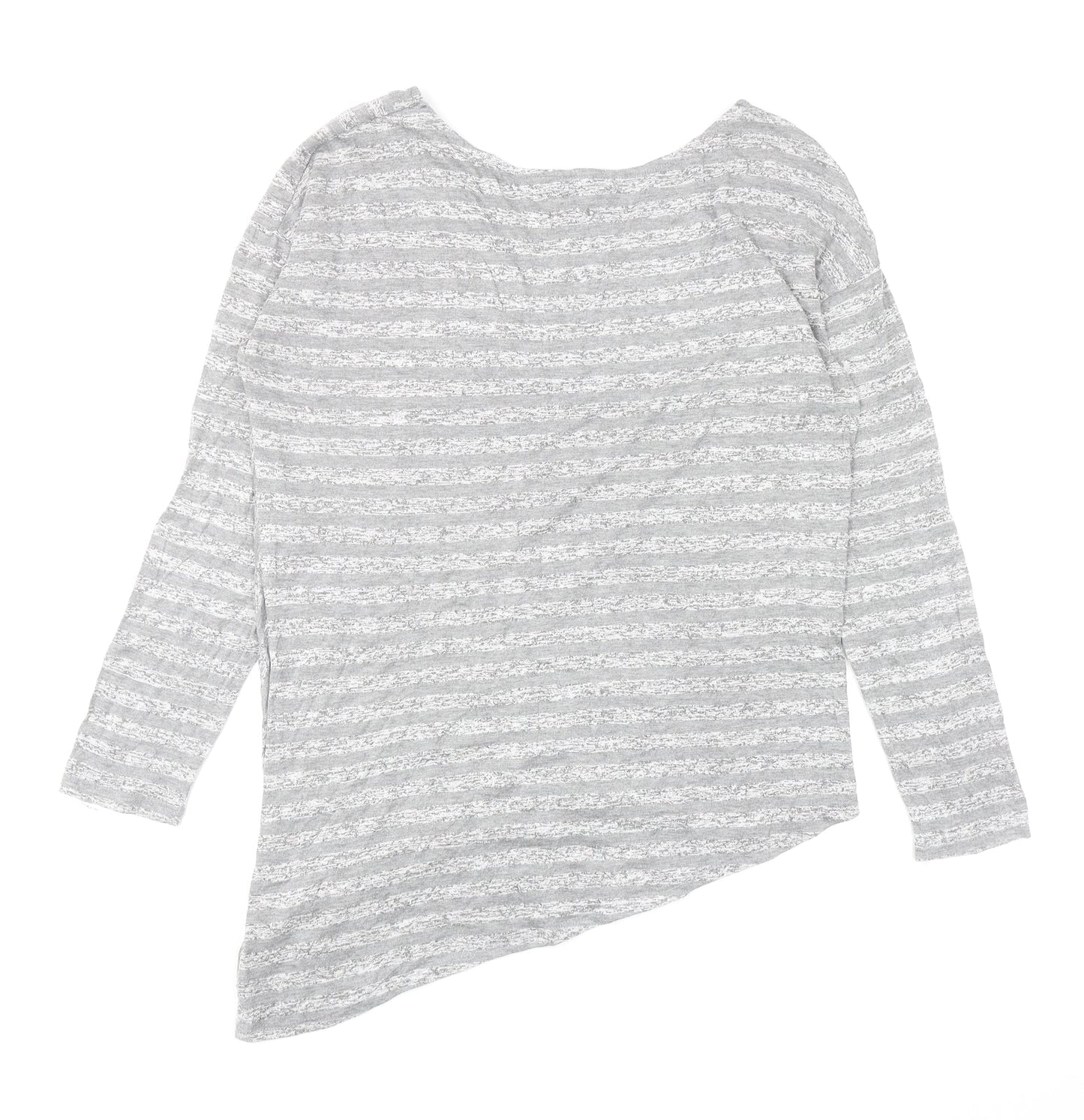 Retro-ology Womens Grey Striped Cotton Basic T-Shirt Size M Boat Neck - Asymmetric