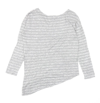 Retro-ology Womens Grey Striped Cotton Basic T-Shirt Size M Boat Neck - Asymmetric