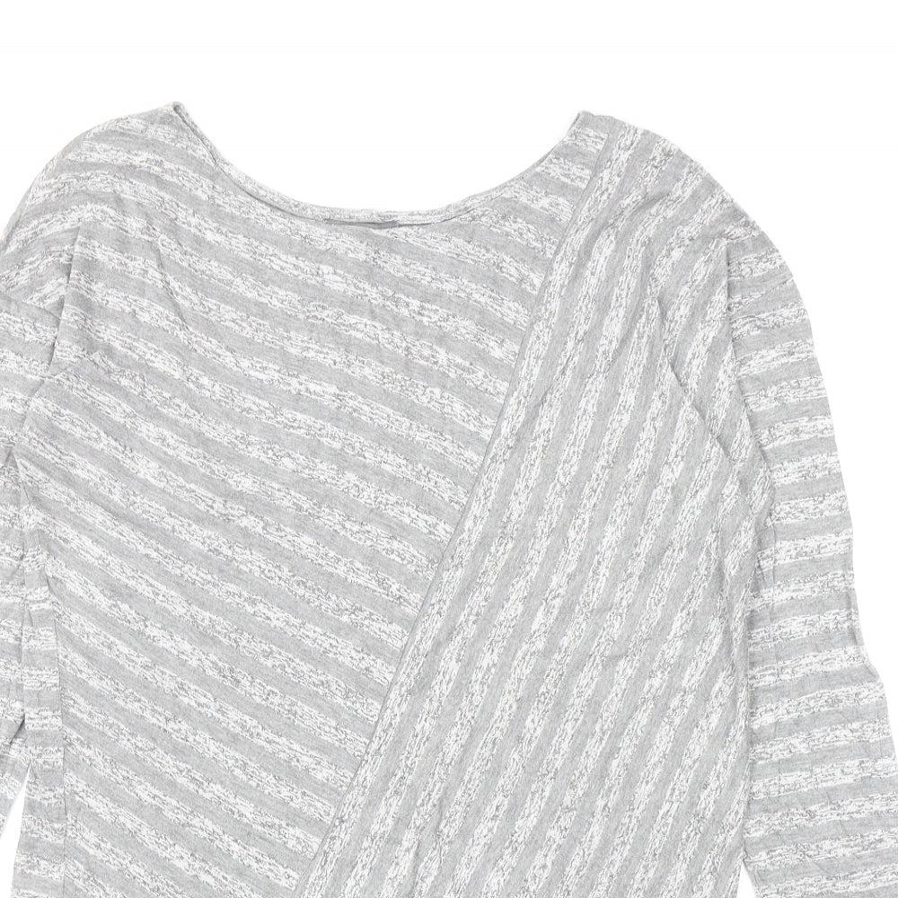 Retro-ology Womens Grey Striped Cotton Basic T-Shirt Size M Boat Neck - Asymmetric