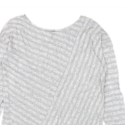Retro-ology Womens Grey Striped Cotton Basic T-Shirt Size M Boat Neck - Asymmetric
