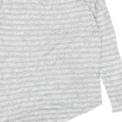Retro-ology Womens Grey Striped Cotton Basic T-Shirt Size M Boat Neck - Asymmetric