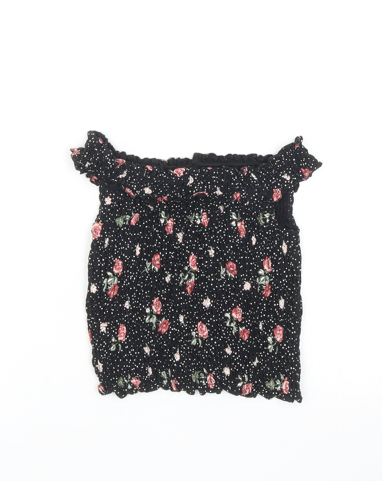 NEXT Girls Black Polka Dot Cotton Cropped T-Shirt Size 9 Years Off the Shoulder Pullover - Floral