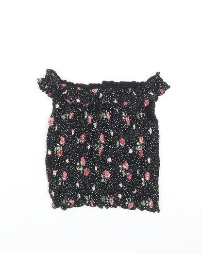 NEXT Girls Black Polka Dot Cotton Cropped T-Shirt Size 9 Years Off the Shoulder Pullover - Floral