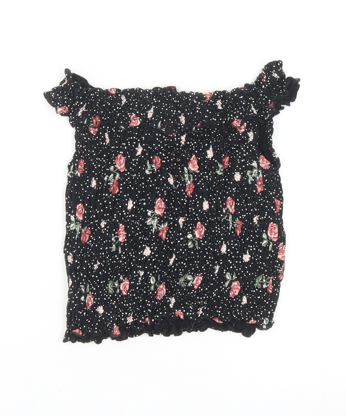 NEXT Girls Black Polka Dot Cotton Cropped T-Shirt Size 9 Years Off the Shoulder Pullover - Floral