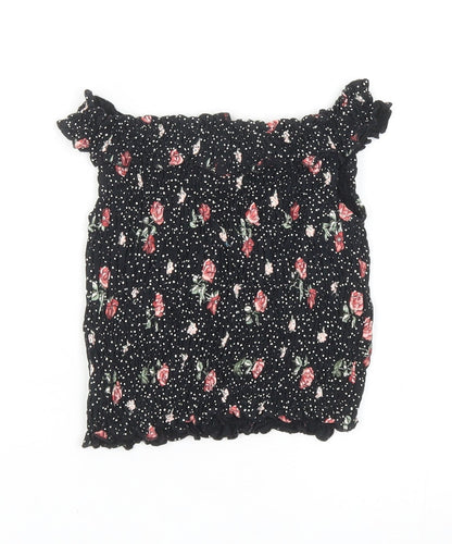 NEXT Girls Black Polka Dot Cotton Cropped T-Shirt Size 9 Years Off the Shoulder Pullover - Floral