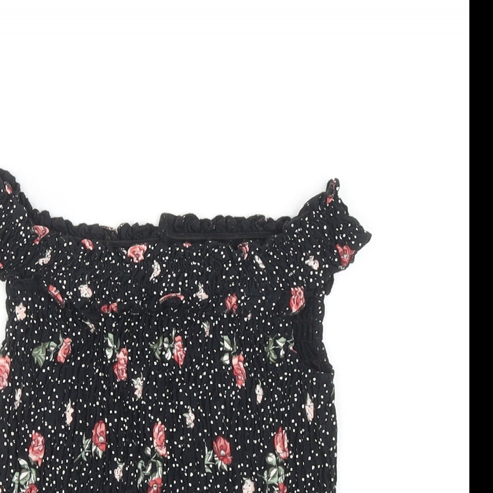 NEXT Girls Black Polka Dot Cotton Cropped T-Shirt Size 9 Years Off the Shoulder Pullover - Floral