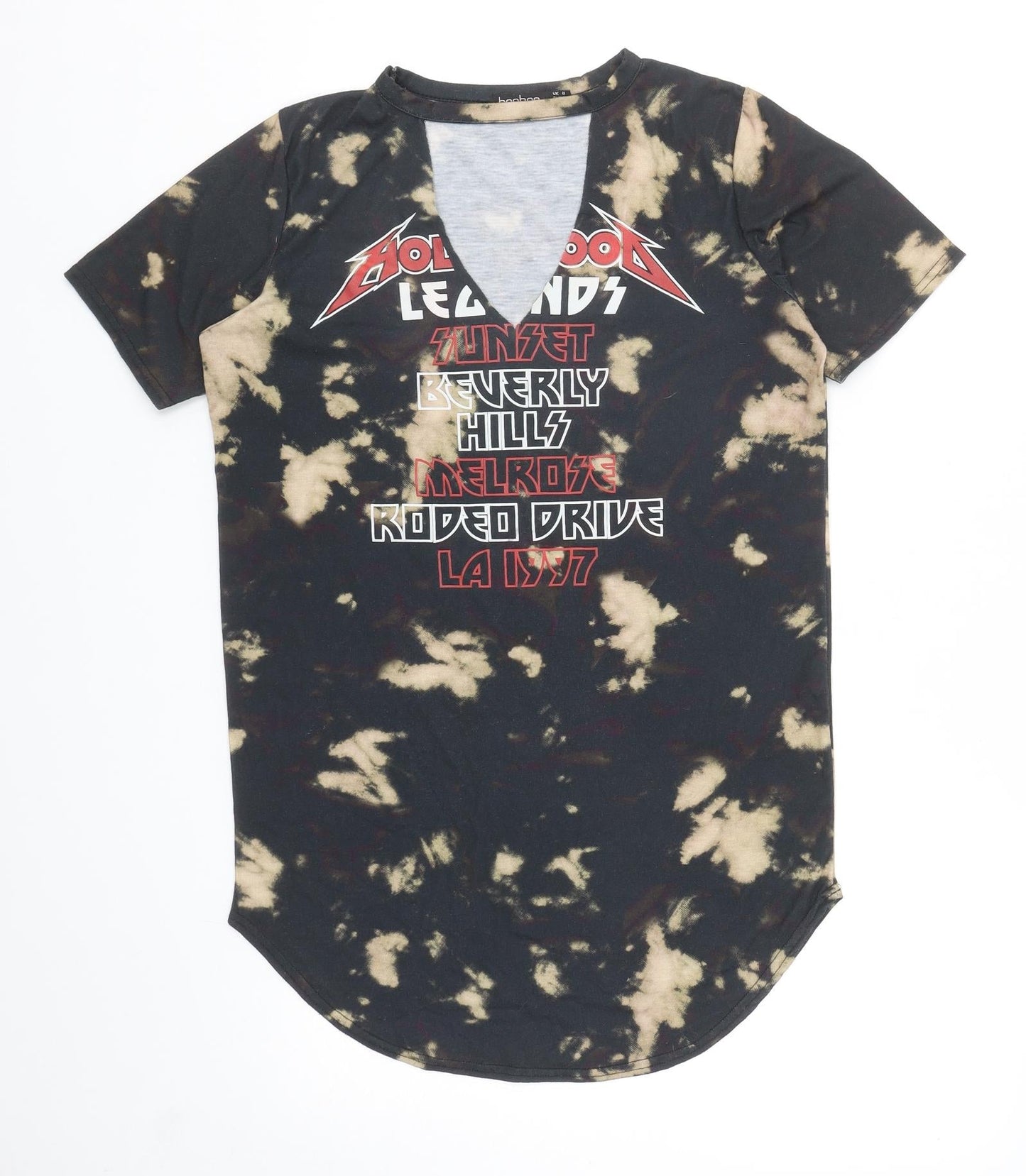 Boohoo Womens Black Polyester Tunic T-Shirt Size 8 V-Neck - Beverly Hills, Tie Dye