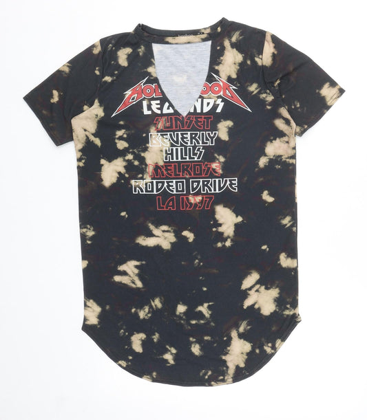 Boohoo Womens Black Polyester Tunic T-Shirt Size 8 V-Neck - Beverly Hills, Tie Dye