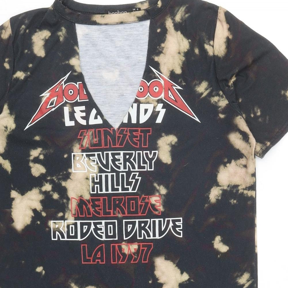 Boohoo Womens Black Polyester Tunic T-Shirt Size 8 V-Neck - Beverly Hills, Tie Dye