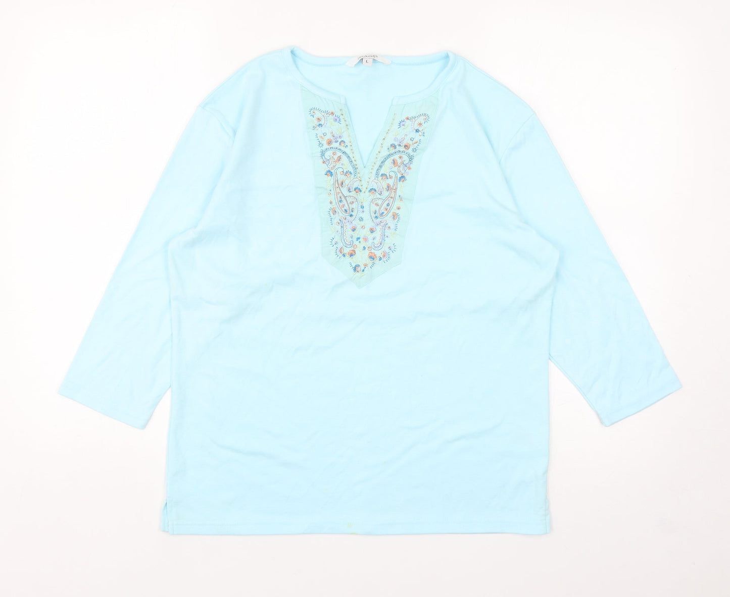 Image Womens Blue Cotton Basic T-Shirt Size L V-Neck - Embroidered Neckline