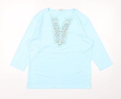 Image Womens Blue Cotton Basic T-Shirt Size L V-Neck - Embroidered Neckline
