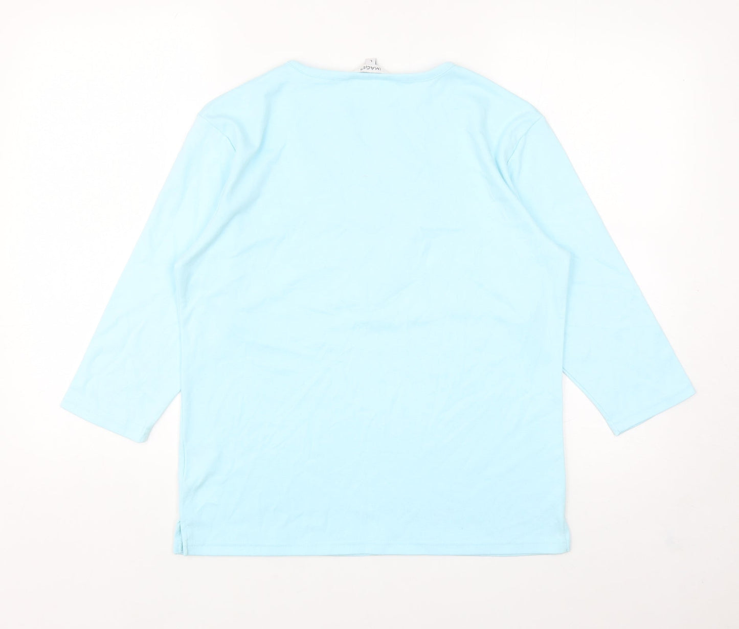 Image Womens Blue Cotton Basic T-Shirt Size L V-Neck - Embroidered Neckline