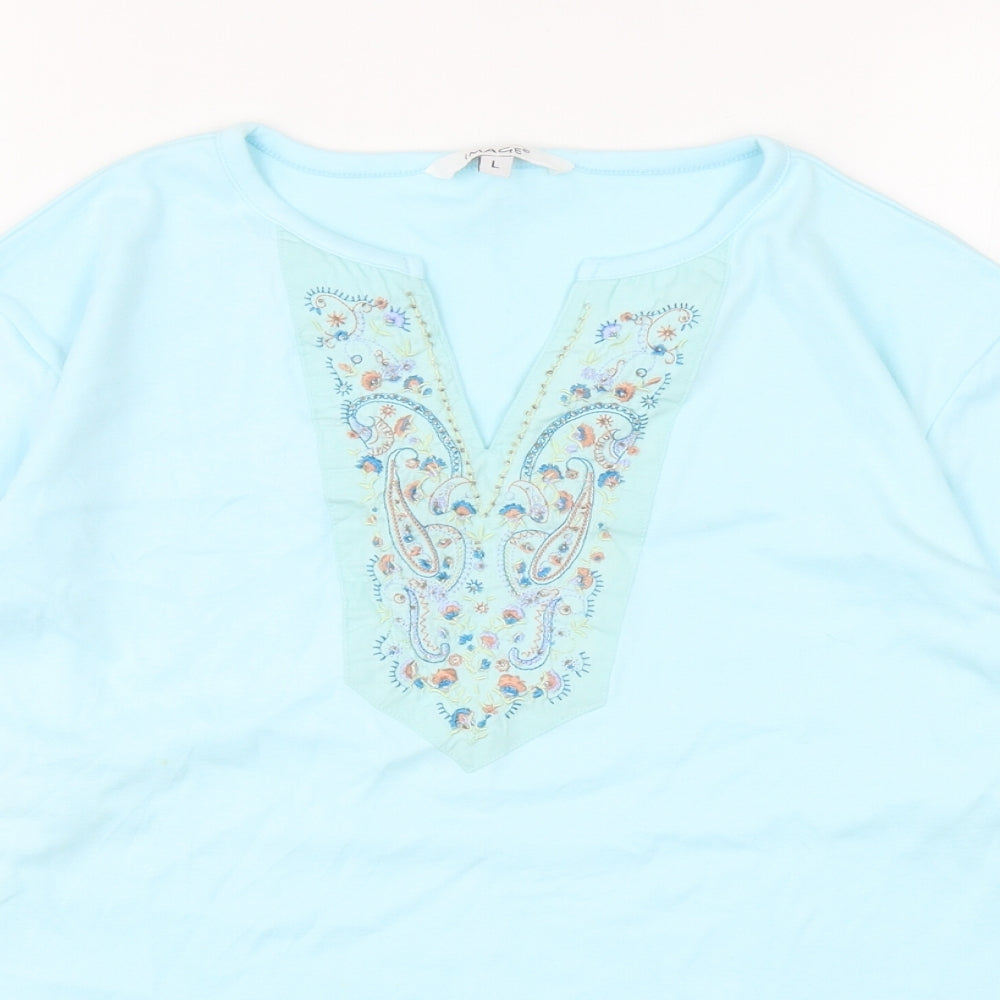 Image Womens Blue Cotton Basic T-Shirt Size L V-Neck - Embroidered Neckline