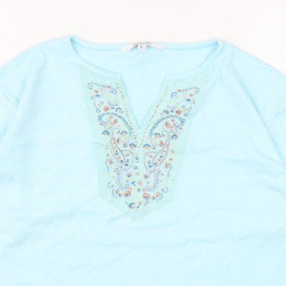 Image Womens Blue Cotton Basic T-Shirt Size L V-Neck - Embroidered Neckline