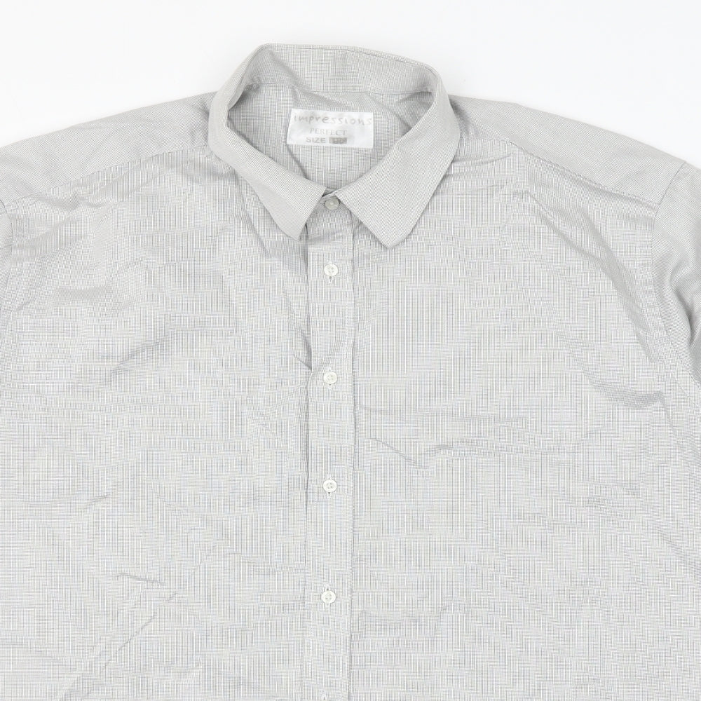 Mens UK Size 17 Impressions Grey  Button-Up Short Sleeve Casual Shirt