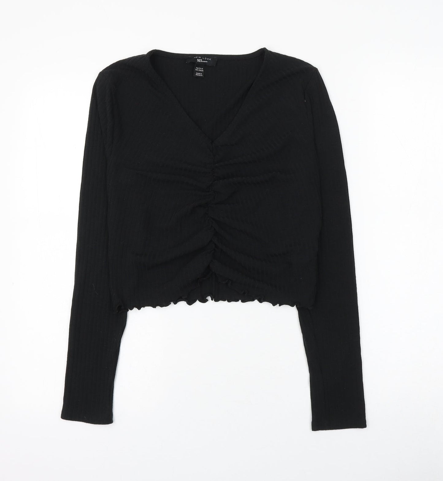 newloo Girls Black Polyester Cropped Blouse Size 14-15 Years V-Neck Pullover - Ruched