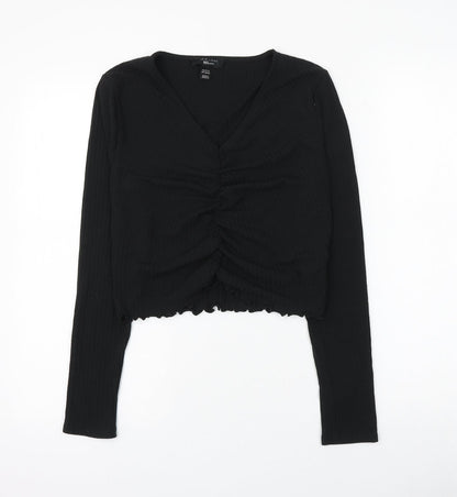 newloo Girls Black Polyester Cropped Blouse Size 14-15 Years V-Neck Pullover - Ruched