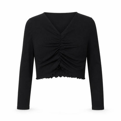 newloo Girls Black Polyester Cropped Blouse Size 14-15 Years V-Neck Pullover - Ruched