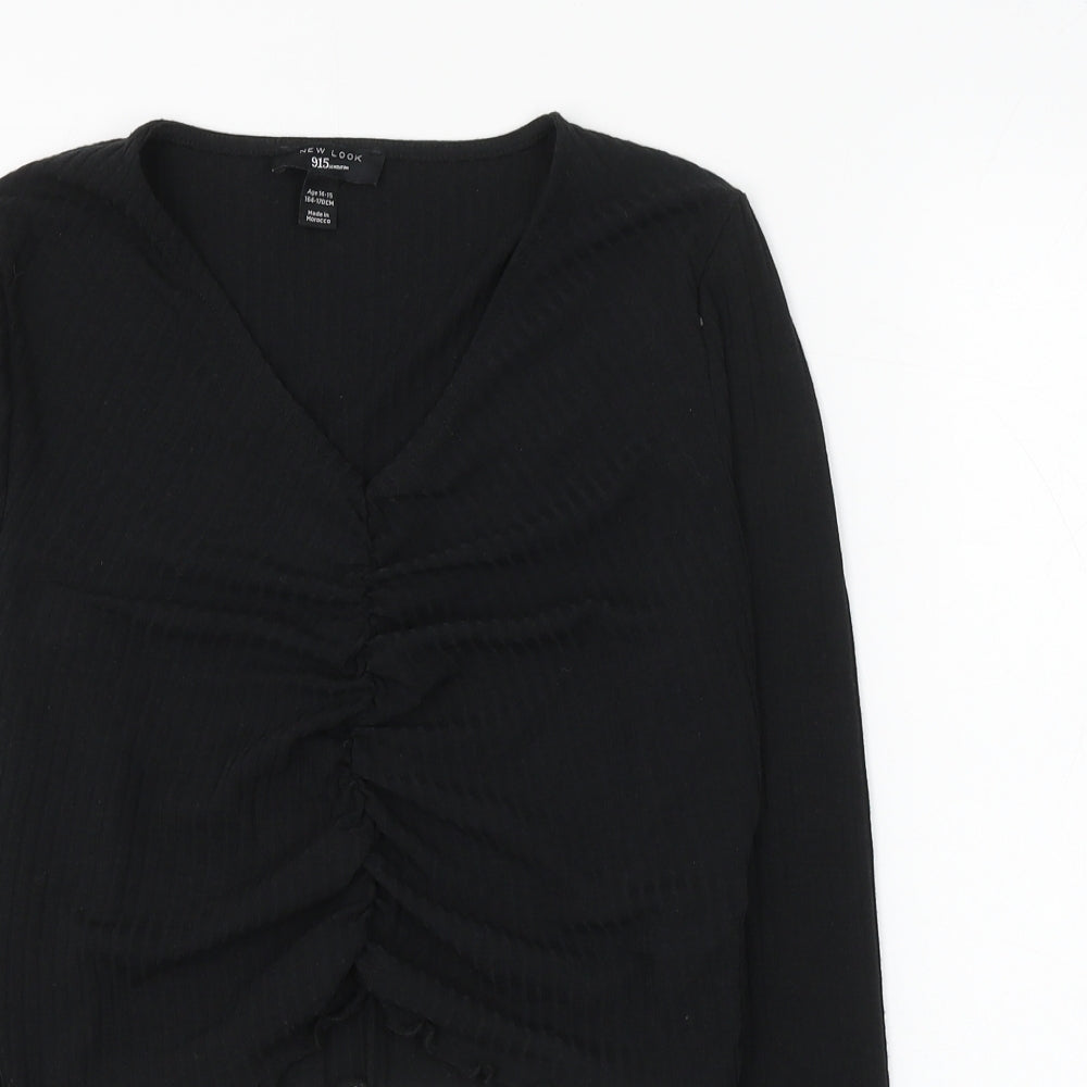 newloo Girls Black Polyester Cropped Blouse Size 14-15 Years V-Neck Pullover - Ruched