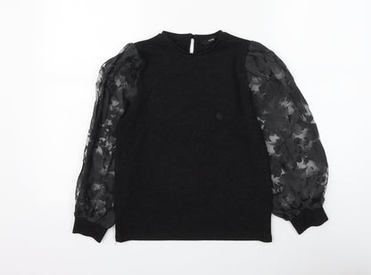 George Girls Black Round Neck Polyester Pullover Jumper Size 9-10 Years Button - Flower