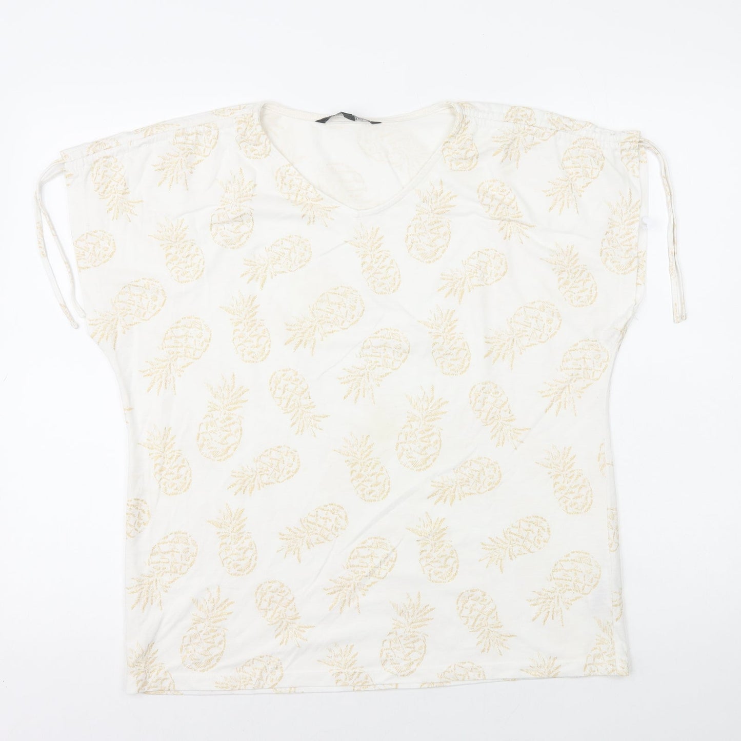 Bonmarché Womens White Geometric Polyester Basic T-Shirt Size 14 V-Neck - Pineapple
