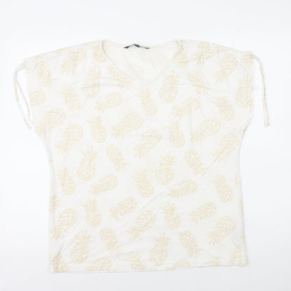 Bonmarché Womens White Geometric Polyester Basic T-Shirt Size 14 V-Neck - Pineapple