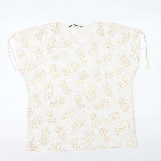 Bonmarché Womens White Geometric Polyester Basic T-Shirt Size 14 V-Neck - Pineapple