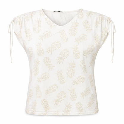 Bonmarché Womens White Geometric Polyester Basic T-Shirt Size 14 V-Neck - Pineapple