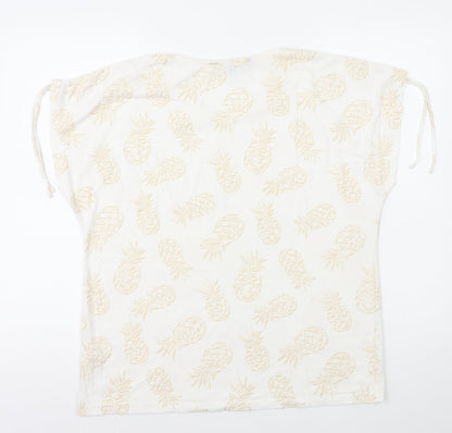 Bonmarché Womens White Geometric Polyester Basic T-Shirt Size 14 V-Neck - Pineapple