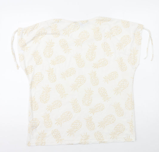 Bonmarché Womens White Geometric Polyester Basic T-Shirt Size 14 V-Neck - Pineapple
