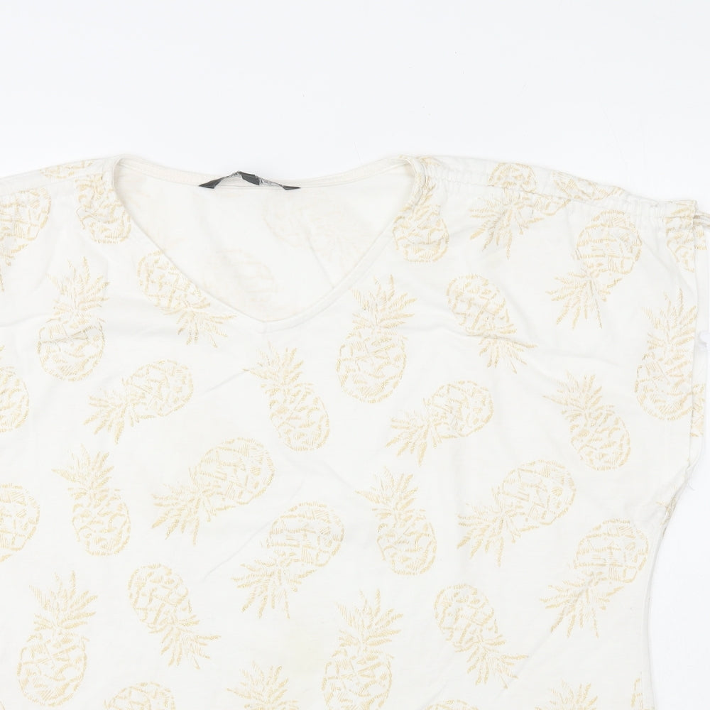 Bonmarché Womens White Geometric Polyester Basic T-Shirt Size 14 V-Neck - Pineapple