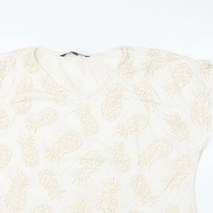 Bonmarché Womens White Geometric Polyester Basic T-Shirt Size 14 V-Neck - Pineapple